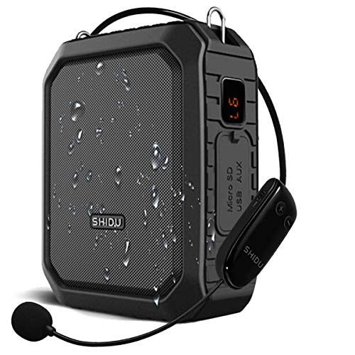 SHIDU Bezprzewodowy wzmacniacz głosu, głośnik Bluetooth, 18W, wodoodporny, przenośny system PA z bezprzewodowym mikrofonem UHF, zestaw słuchawkowy do wielokrotnego ładowania, wzmacniacz głosu, osobisty mikrofon do klasy/na zewnątrz/dla przewodników turystycznych