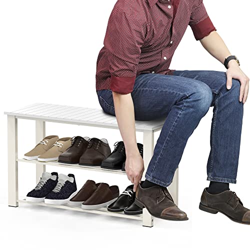 Image of Simple Houseware Wood Top Shoe Storage Bench for Entryway, White