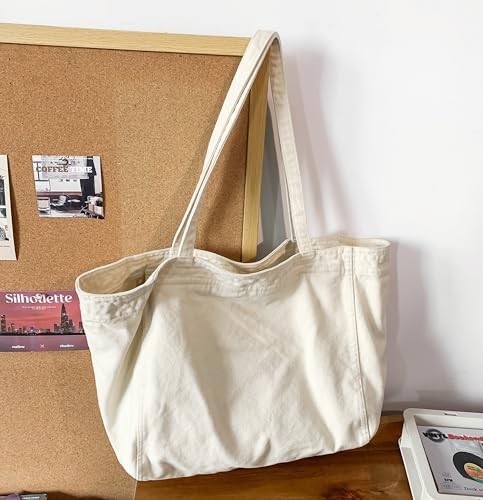 Image of Cotton Tote Handbag Women Canvas Crossbody Beach Bag Hobo Shoulder Tote Bag with 3 External Pocket,Zipper Closure