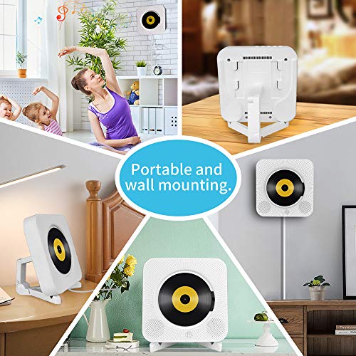Portable CD Player with Bluetooth, Wall Mountable CD Music Player Home Audio Boombox with Remote Control FM Radio Built-in HiFi Speakers, MP3 Headphone Jack AUX Input Output (White)