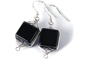 Black Onyx Cube 10mm Drop Earrings: Natural Stone Wire Wrap Dangle with...
