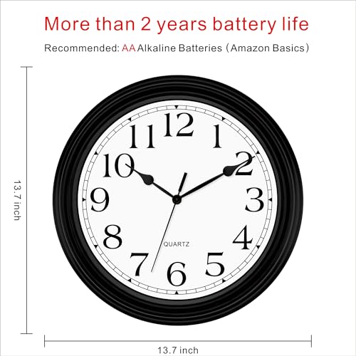 Image of Foxtop 14 Inch Wall Clock Battery Operated Silent Non-Ticking Round Classic Vintage Retro Wall Clock Decorative for Living Room Kitchen Home Office (Black)