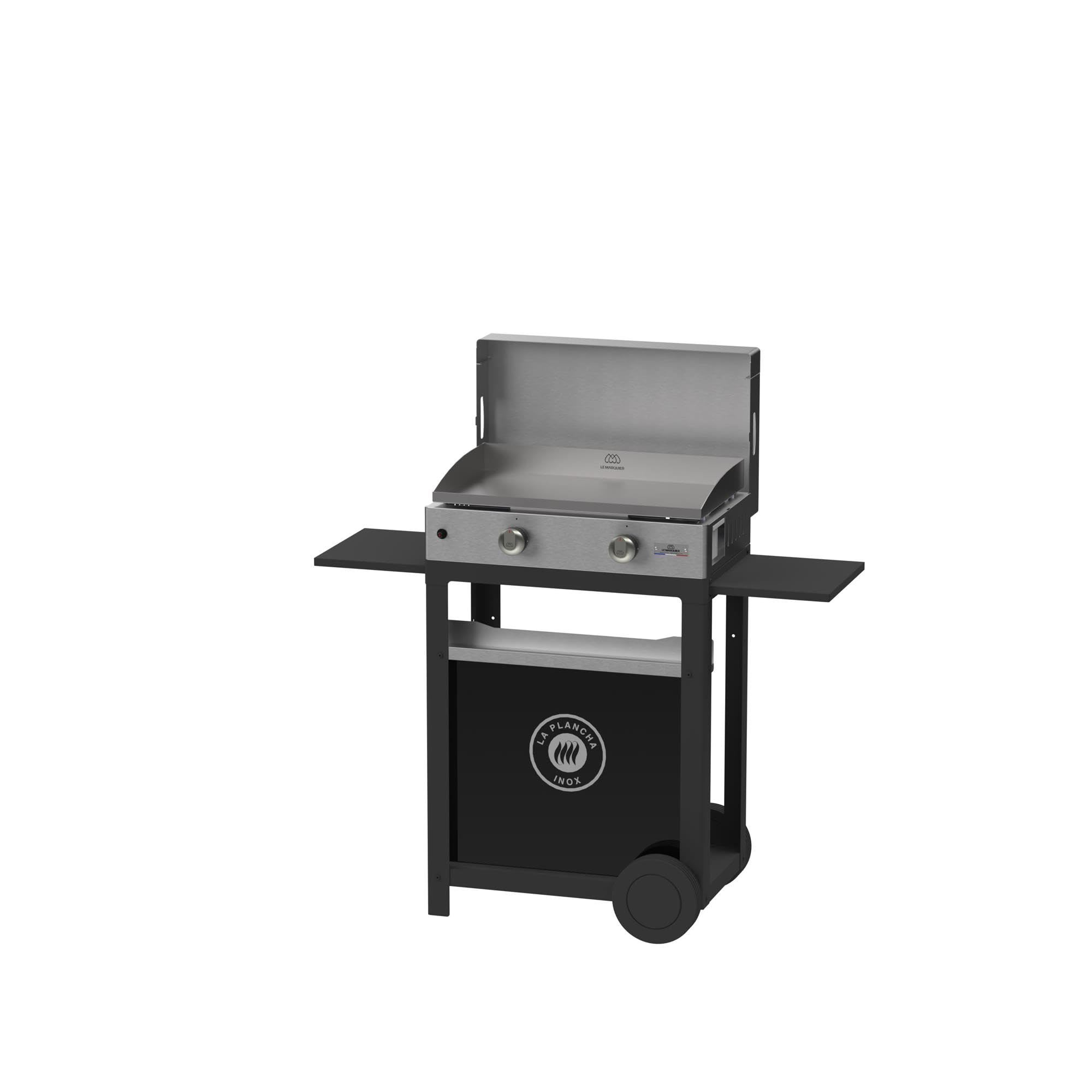 LE MARQUIER Plancha à Gaz INOX Duo Edition Plancha 260 Gaz + Chariot Noir + Couvercle INOX+ Porte Épices Et Rideau