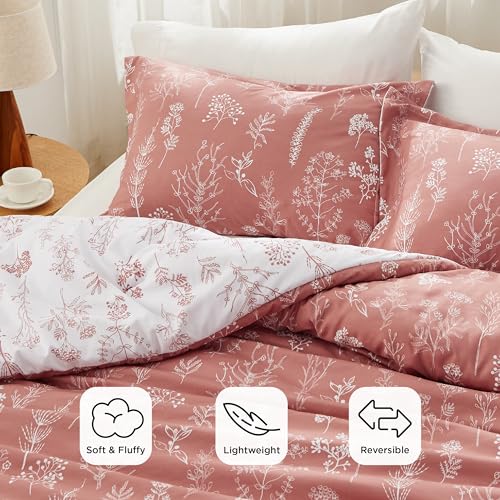 Image of Bedsure King Comforter Set - Pink Clay Bed Set, 3 Pieces Cute Floral Bedding, 1 Soft Reversible Botanical Flowers Comforter and 2 Pillow Shams