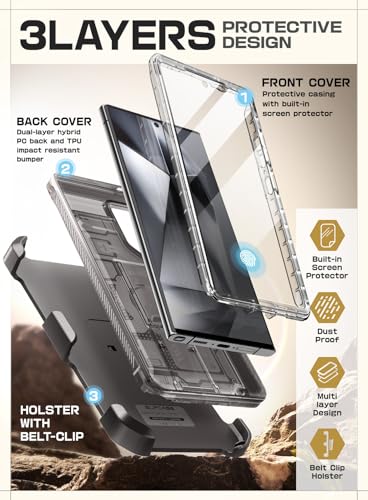 Image of SUPCASE Unicorn Beetle Pro for Samsung Galaxy S24 Ultra Case with Stand, [2 Front Frame] 360 Full-Body Belt-Clip & Kickstand Case with Screen Protector Phone Case for S24 Ultra, Frost Black