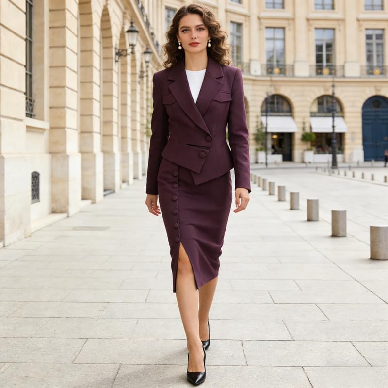 Womens 2 Piece Skirt Suit Set Notch Lapel with Asymmetrical Hem Blazer Side Button Detail Pencil Skirt
