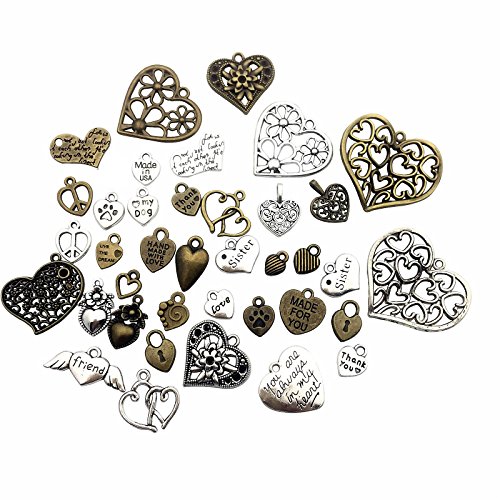 100g (About 70pcs) Craft Supplies Antique Bronze Antique Silver Heart Valentine Wedding Charms Pendants for Crafting, Jewelry Findings Making Accessory for DIY Necklace Bracelet (M025)