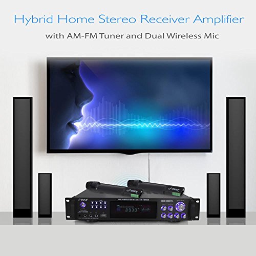 Pyle 4 Channel Home Audio Power Amplifier - 1000 Watt Stereo Receiver W/Speaker Selector, Am Fm Radio, Usb, Headphone, 2 Wireless Mics For Karaoke, Great For Home Entertainment System - Pwma1003T #TOP6