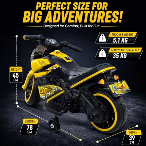 Image of MEKASHI 6V Electric Ride-On Bike for Kids with Bluetooth Music (Yellow) | Realistic styling with LED headlight, rechargeable battery & smooth ride performance for toddlers aged 1-4 years