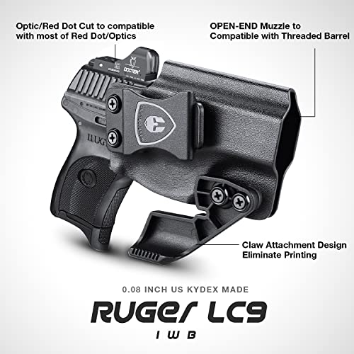 Ruger Lc9 Holster, Iwb Kydex W/Claw & Red Dot Ready, Tailored For Ruger Lc9 / Lc9S / Ec9S / Lc380 Pistol, Inside Waistband Appendix Carry, Adj. Posi-Click Retention & Carry Angle, Right Hand #TOP1