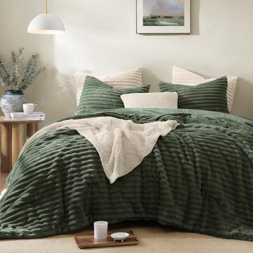 Image of Geniospin Luxury Fluffy Twin Comforter Set-2 Pieces, Olive Green Comforter Twin Size All Seasons, Faux Fur Bedding Set, Plush Fuzzy Comforter(Olive Green, 66''x86'')