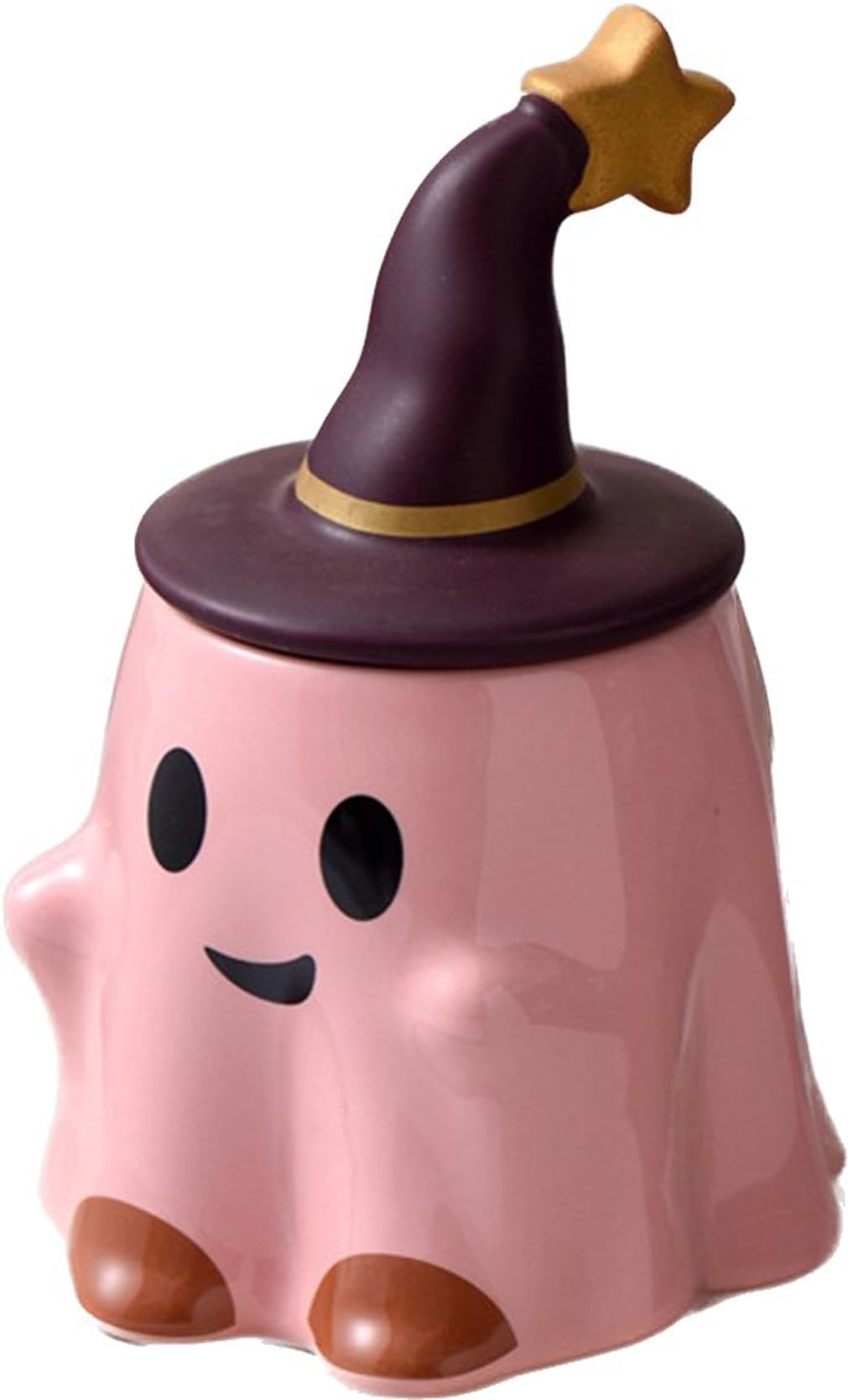 KKGUD Novelty Tea Cup, Ceramic 11oz Halloween Coffee Mug with Lid- Friendly Ghost (Pink), Friendly Ghost- Pink, Normal