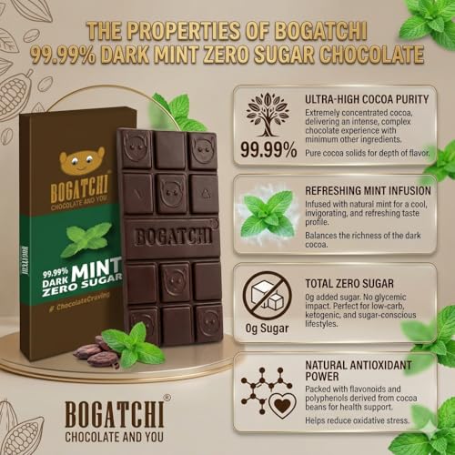 Image of BOGATCHI 99% Dark Chocolate| Mint | Real Cocoa Intense Dark Chocolate, 60gm