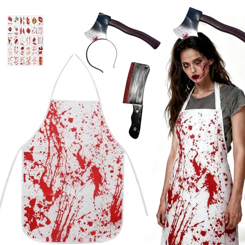Halloween Lotiaan Disfraz de Carnicero de Halloween, Delantal Sangriento, con Horror Accessori, Carnicero Disfraces Halloween Hombre Mujer, para Carnaval Tema Terror Cosplay Fiesta (A)