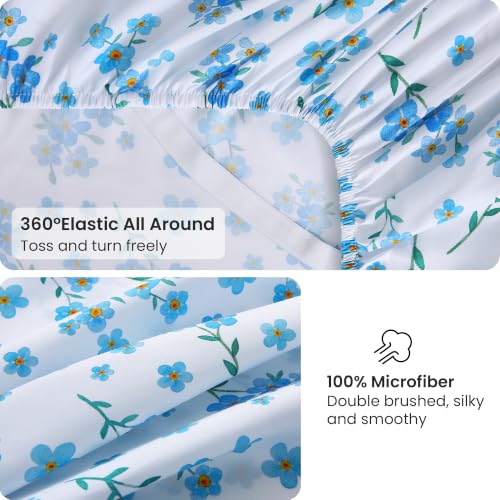 Image of Viviland Floral Full Sheet Set - 4 Piece Country Fresh Blue Flower Patterned Bed Sheets - Soft, Breathable Microfiber Sheets with Deep Pocket, Non-Slip Fitted Sheets & Pillowcases