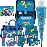 Pridera Scooli Schulranzen 1.Klasse Jungen EasyStart Schulranzen-Set geeignet für Super Mario-Fans (10tlg. mit Sporttasche passend dazu Brotdose Trinkflasche Platzdeckchen Schultüte)