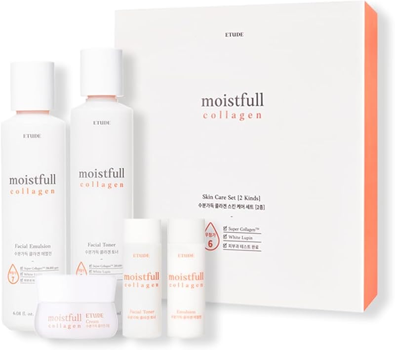 Conjunto de cuidados faciais ETUDE com toner e emulsão Moistfull Collagen