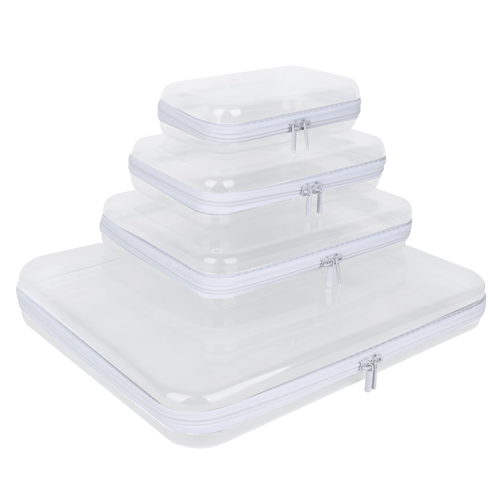 Owfeel 4PCS Clear Hard Shell Zipper Case, Plastic Double Zippered Storage Organizer Pouches for Travel, Transparent Cosmetic Bag for Make Up Tools,