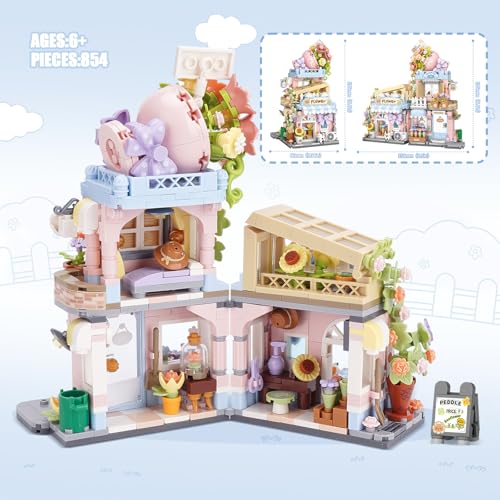 Image of Street View Flower House Shop Mini Building Blocks, MOC Creative Building Toys Cute Panda Building Set for Girls 6-12, Simulation Architecture Construction Toy, Gift Idea for Kids Adults (854 PCS)
