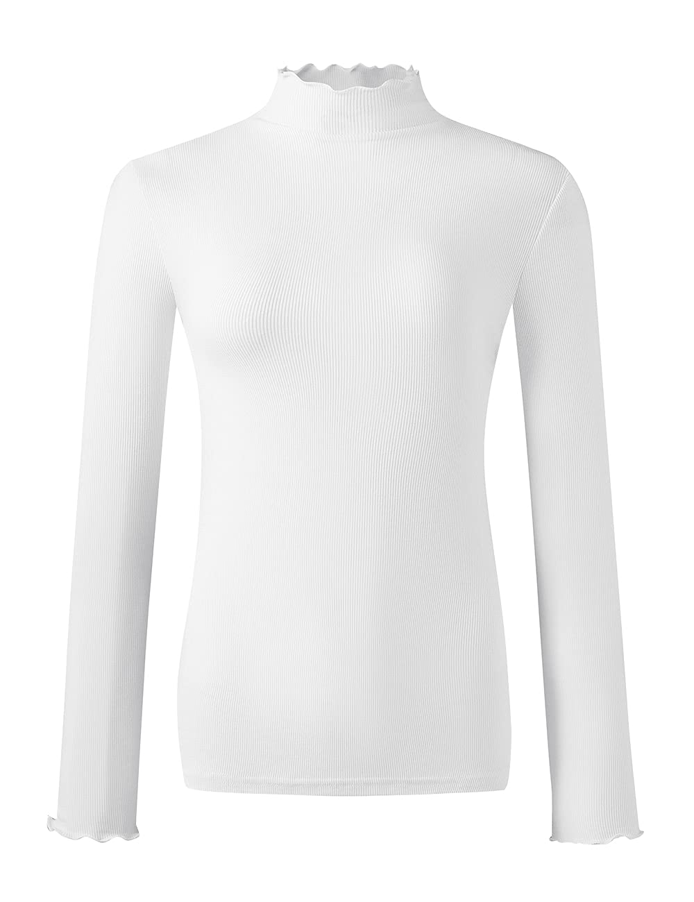 KindcallLightweight Ruffle Mock Neck Tops Ribbed Lettuce Soft Trim Base Layer for Women