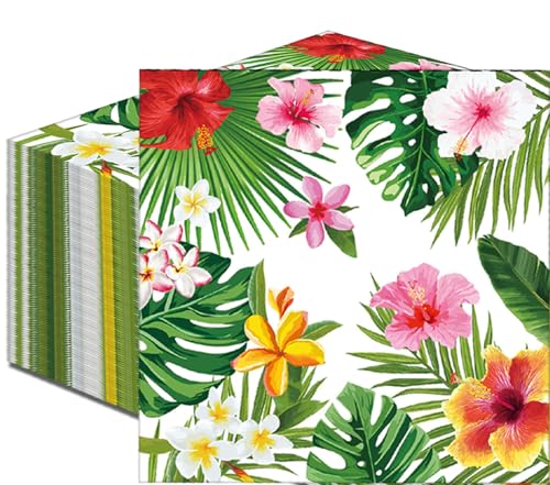50 Count Tropical Hibiscus Floral Greenery Paper Napkins Disposable Luau Party Cocktail Napkins for Hawaiian Aloha Theme Birthday Summer BBQ Pool Beach and Picnic Table Decorations