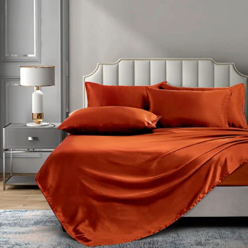 Drap-housse en satin et drap plat parure de lit orange brûlé - 4
