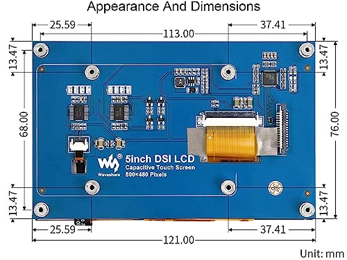 Image of waveshare 5inch DSI LCD Capacitive Touch Display for Raspberry Pi 4B /3B+ /3A+ /3B /2B /B+ /A+ / CM 3 /3+, 800x480 TFT Screen LCD, Refresh Rate up to 60Hz. Support Ubuntu /Kali, Win 10 IoT