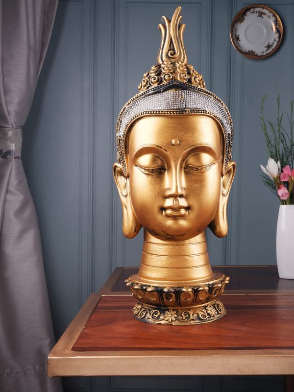 Image of THE WHITE INK DECOR Gold Toned Buddha Head Figurine for Home Decor, Vastu, Feng Shui, Religious Gift, Good Luck Idol Table Showpiece (16 Inches)
