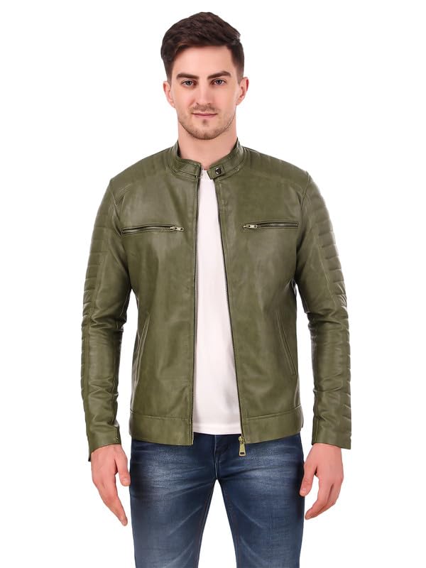 leather retail Men’s Olive Green Faux Leather Jacket – Stylish Slim Fit Biker Jacket-picture-26