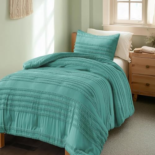 Image of BEDELITE Boho Twin /Twin XL Comforter Set,Aqua Tufted Striped Bed Set 2 Pieces, Soft Vintage Farmhouse Comforter for College, Boho Home Dorm Decor, Fluffy Jacquard Bedding with 1 Pillow Sham