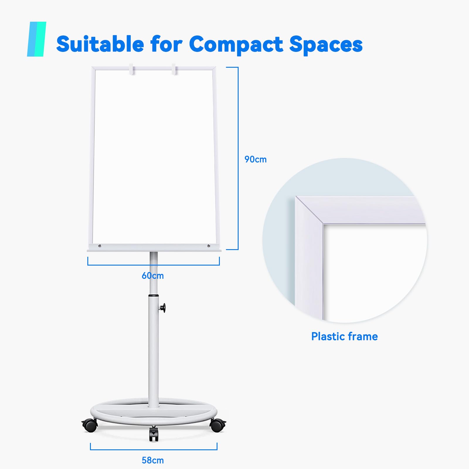 maxtek Pizarra Blanca Magnética Móvil con Marco de Plástico 90 × 60 Cm, Whiteboard Portátil con bandeja y caballete, Altura Ajustable, Borrado en Seco para Casa, Aula, Oficina