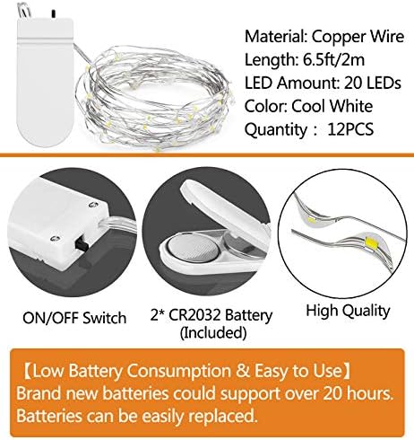 12 PCS LED Fairy String Lights Battery Operated, 20 LEDs 6.5Ft/2M Micro Copper Wire Lights, Waterproof Christmas Starry Decor Rope Lamps for DIY Wedding Party Festival Decorations (Cool White)