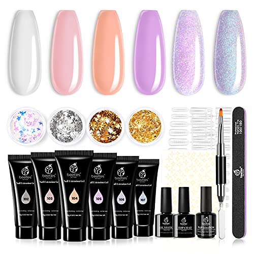 Beetles Poly Nail Gel Kit Extension Nails Builder Gel 6 Poly Colors Clear Pink Glitter with Butterfly Star Decade Slip Solution Poly Nail Gel Brush All In One Poly Nail Enhancement Manicure Kit Mother's Day Gift for Women