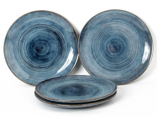 Image of Handcrafted Reactive Glaze Ceramic Dinner Plates, 4 Pieces Serving for 4, Microwave and Dishwasher Safe, Bone-ash Free, Full Plate Set Crockery for Dining and Gifting, Reactive Blue
