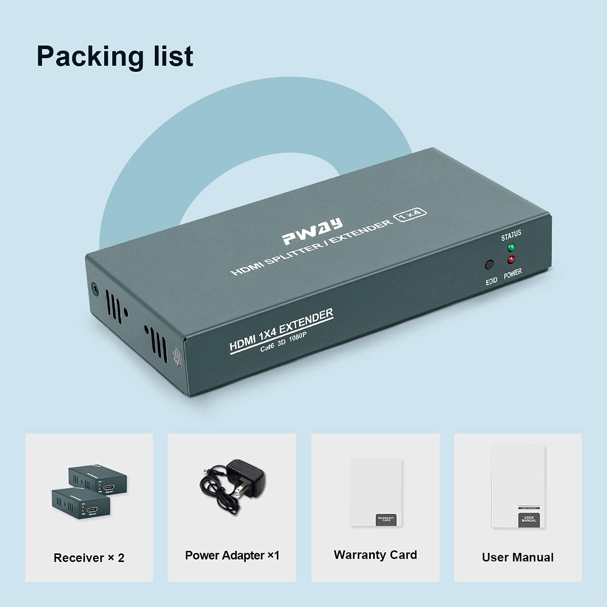 GREATHTEK 1x4 HDMI Extender Splitter Over Cat5e/Cat6/Cat7 Ethernet Cable Up to 50m/165ft - EDID Management & POC Function Support 1080P@60Hz 3D for HDTV PS3 PS4 Xbox (1 in 4 Out / 4-Port)