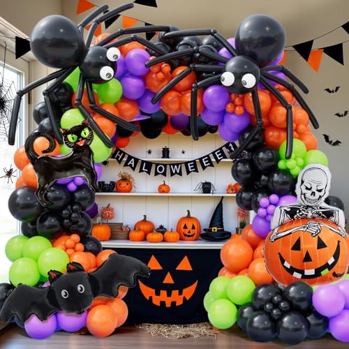 Bonropin 173pcs Halloween Balloon Garland Arch kit with Black Orange Green Purple Balloons Spider Balloons Halloween Foil Balloons for Haloween Theme Party Background Classroom Decorations - image 5