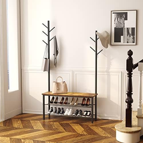 HOME BI Coat Rack Stand, Bench and Shoe Rack, Free Standing Hall Tree, Coat Stand with Hooks, Steel, Industrial, Black