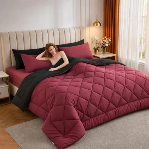 APOBUY 132x120 Alaskan King Comforter - Reversible Prewashed Oversized King Duvet Insert for All Seasons Soft Lightweight Quilted Down Alternative Bedding with 8 Tabs Burgundy&Black