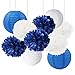 Furuix White Navy Blue 10inch Tissue Paper Pom Pom Paper Lanterns Mixed Package for Navy Blue Themed Party Wedding Paper Garland, Bridal Shower Decor Baby Shower Decoration