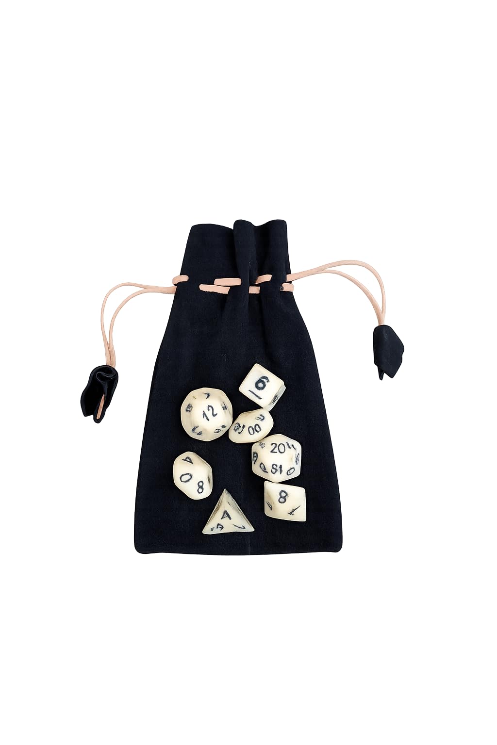 Juego de rol medieval de 7 piezas de hueso hecho a mano, con funda de piel negra, dados W4-W100, números grabados, producto natural (hueso)