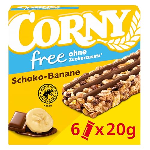 Müsliriegel Corny free Schoko-Banane | Riegel mit zarter Schokolade und fruchtiger Banane | Snack ohne Zuckerzusatz | 69 kcal pro Riegel | 6x20 g