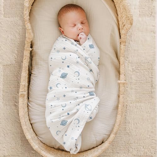 Image of Konssy Muslin Swaddle Blankets for Girls Boys 2 Pack, 100% Cotton Receiving Baby Blanket Large 47 x 47 inches, Soft Breathable Swaddling Wrap for Unisex Newborn (Star,Blue)
