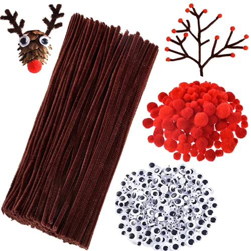 900Pcs Brown Pipe Cleaners, Christmas Craft Supplies, Including 200 Pcs Brown Pipe Cleaners Chenille, 350 Pcs Googly Eyes, 350 Pcs Red Pom Poms for Christmas Reindeer DIY Crafts