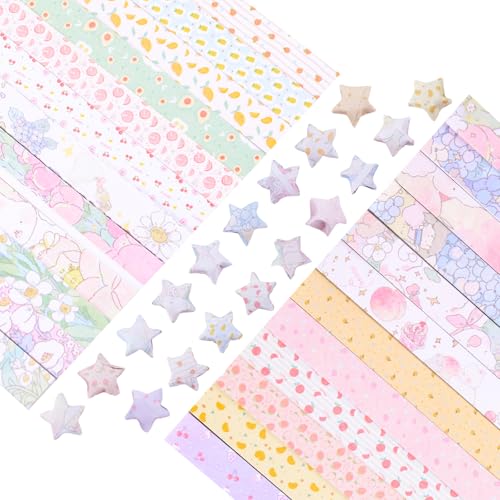 URROMA 1200Pcs Double-sided Printing Origami Star Paper Strips 24 Patterns Colorful Lucky Star Paper Strips for DIY Handcrafts School Teaching
