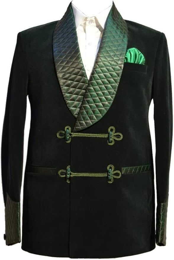 Men’s Green Velvet Smoking Jacket with Quilted Shawl Collar & Frog Closure – Luxury Vintage Lounge Robe