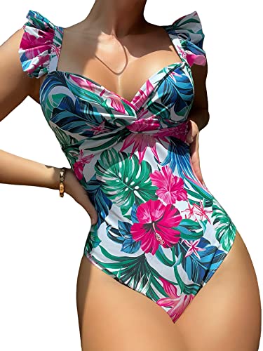 WDIRARA Women's Tropical Print Ruffle Trim Swimwear Twist Front