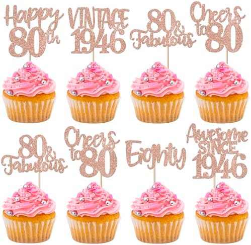 ZHUOWEISM 24 PCS Happy 80th Birthday Cupcake Toppers Glitter Eighty 80 Fabulous Vintage 1946 Cupcake Picks for Cheers to 80 Years 80th Birthday Wedding Anniversary Party Cake Decorations Rose Gold