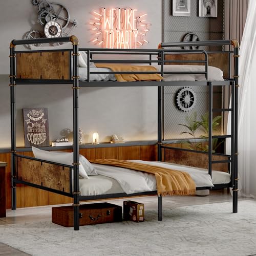 cloblane Twin XL Over Twin XL Bunk Bed, Metak Bunk Beds Frame with Safety Guardrails, Modern Metal Bed Frame with Ladders for Teens, Industrial Detachable, No Box Spring Needed, Black