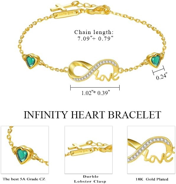 HeartMelody Infinity Bracelets for Women, 18K 14K Gold/White Gold/Rose Gold Jewelry Anniversary Birthday Gifts for Wife Mom, Womens Fashion Jewelry with Heart Birthstone Link Bracelets, Adjustable Chain