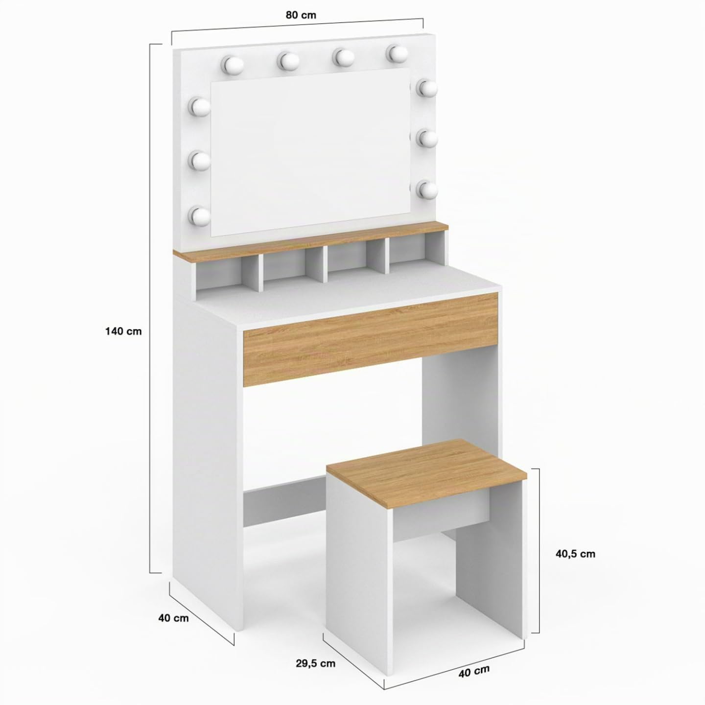 IDMarket - Coiffeuse Zelia Blanc et hêtre Miroir LED